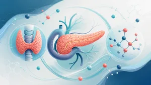 Ilustración editorial de órganos endocrinos y vías metabólicas