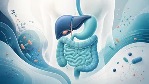 Ilustración editorial del sistema digestivo, el hígado y el microbioma