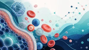 Ilustración editorial de células, elementos sanguíneos e investigación molecular