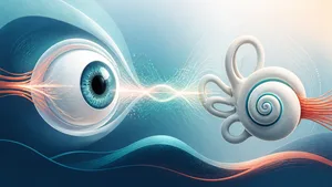 Ilustración editorial de un ojo, una cóclea y señales sensoriales