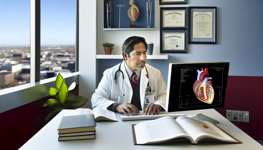 Middle-aged Hispanic doctor in his medical office, focused on a computer screen displaying a 3D model of the heart with highlighted areas of atrial fibrillation. On the desk, there are open medical books and a notepad with notes. The image reflects a professional and calm environment, centered on cardiology updates, rhythm control, and comprehensive management of anticoagulation.