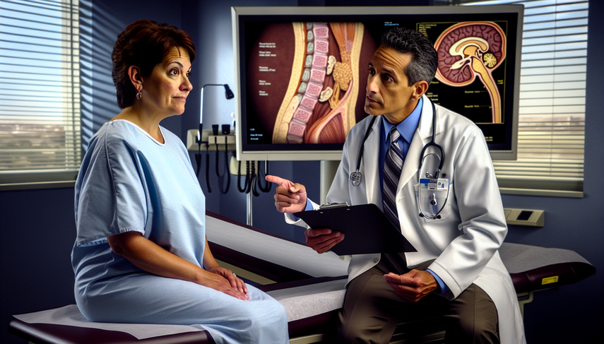 Medical consultation where a Hispanic doctor explains parathyroid cancer to a middle-aged Hispanic female patient sitting on an examination table. In the background, an anatomical diagram of the parathyroid glands and calcium levels is displayed on a computer screen, highlighting the relationship with hypercalcemia and elevated PTH levels.