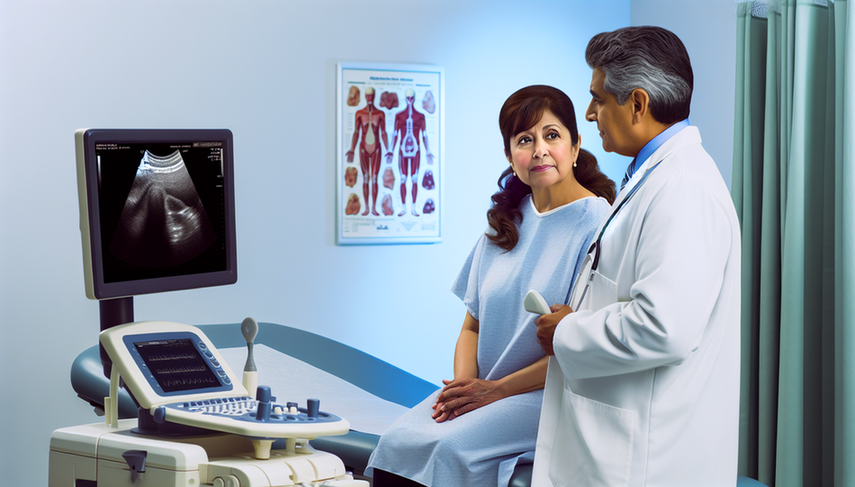 Medical consultation in a modern clinic: a middle-aged Hispanic woman in a blue gown attentively listens to a Hispanic physician pointing at an ultrasound image of a thyroid nodule on a computer screen. The physician holds an ultrasound probe, emphasizing the importance of early diagnosis of thyroid cancer, particularly in cases presenting with dysphagia, and the role of fine needle aspiration (FNA) in evaluation.