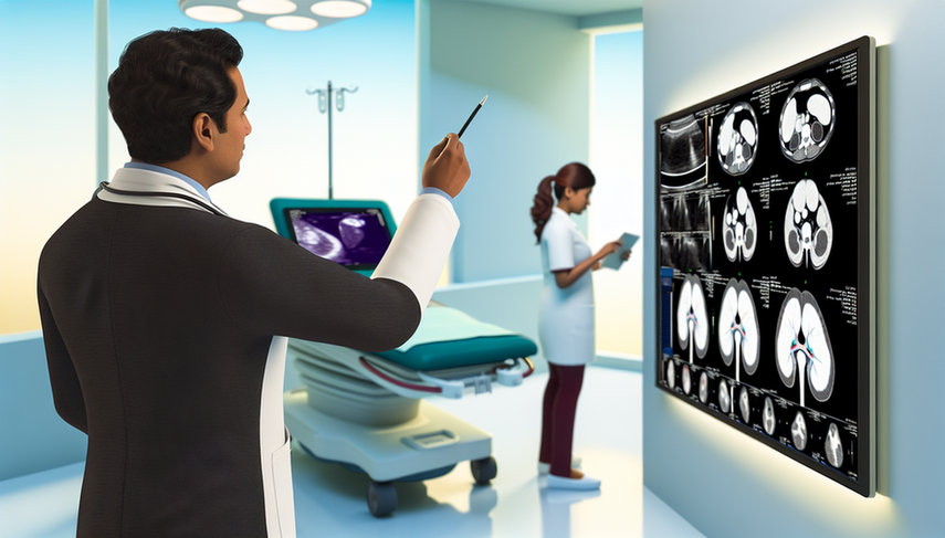 Forty-year-old Hispanic doctor in a modern hospital examining renal ultrasound and computed tomography images on a large screen. The images reveal a kidney with an abdominal mass indicative of renal cell carcinoma. The doctor points to the mass with a pen, while a Hispanic nurse takes notes on a digital tablet in the background.