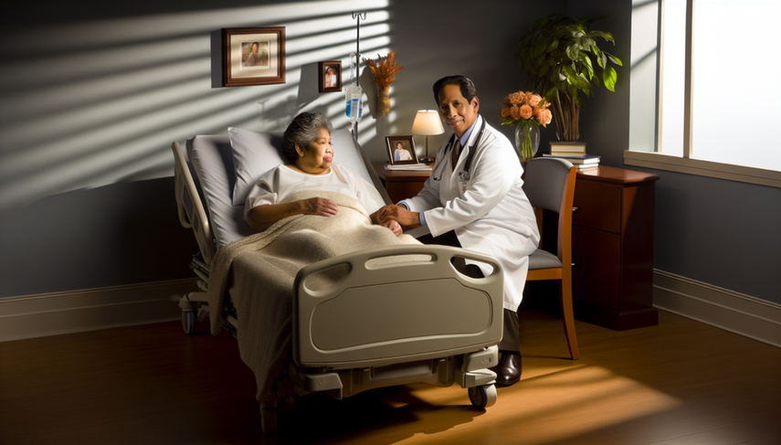 Un médico hispano de mediana edad, con expresión amable, sostiene la mano de un paciente anciano en una habitación de hospital iluminada por luz natural. La escena refleja compasión y cuidado en el contexto de cuidados paliativos y decisiones al final de la vida.