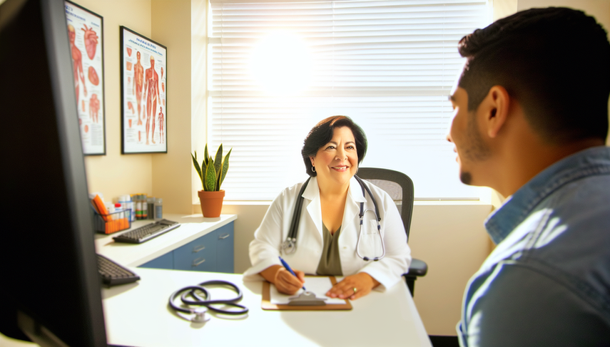Una doctora hispana de mediana edad, con bata blanca, escucha atentamente a un paciente hispano joven en una consulta de atención primaria. La escena refleja una interacción amigable y profesional, destacando la importancia de la comunicación y la confianza en la detección temprana de trastornos psiquiátricos como la ansiedad y la depresión.