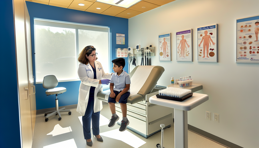 A Hispanic pediatric allergist in a white coat and warm smile explains the prick test procedure to an 8-year-old Hispanic boy in a modern medical examination room. The boy, sitting on the examination table, displays curiosity and slight nervousness. In the background, allergen vials are visible, creating a professional and welcoming atmosphere that emphasizes the importance of accurate food allergy diagnosis, including specific IgE testing and oral challenge tests, to prevent anaphylaxis.