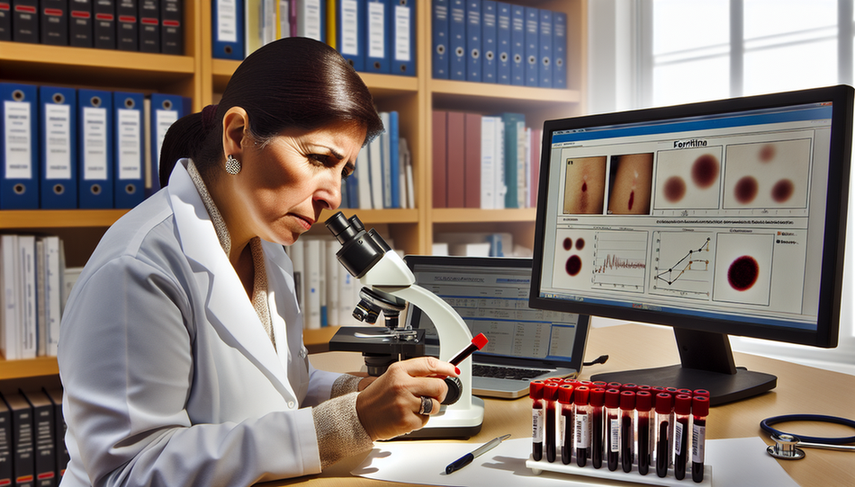 Hispanic female doctor in her 40s examining a blood sample under a microscope in a medical laboratory. On the table, there are labeled test tubes, one marked 'Ferritin.' In the background, a computer screen displays a graph comparing ferritin levels with other indicators of iron deficiency anemia, including complete blood count and low MCV. The setting is professional and educational, emphasizing the differentiation of microcytic anemias.