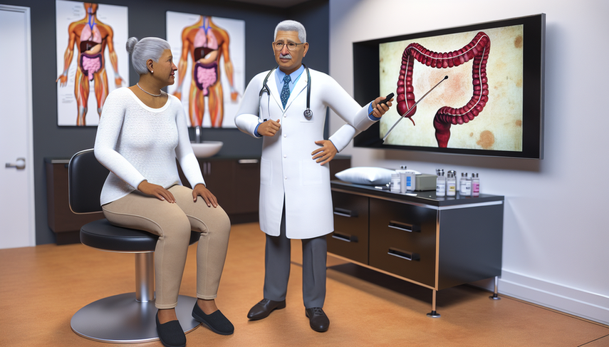 Un médico hispano de mediana edad, con bata blanca y estetoscopio, explica a una paciente hispana de unos 50 años el procedimiento de colonoscopia, señalando un diagrama anatómico del sistema digestivo en una pantalla digital. La paciente, vestida de manera casual, escucha con atención y muestra una expresión de ligera preocupación. En una mesa cercana, hay herramientas médicas, incluyendo un colonoscopio y viales etiquetados que representan biomarcadores. La imagen destaca la importancia del diagnóstico y la estadificación del cáncer colorrectal.