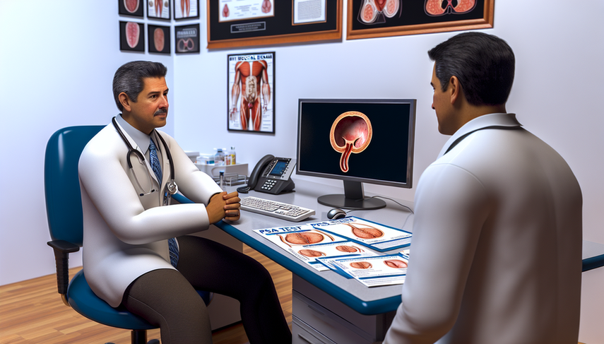A middle-aged Hispanic physician in a white coat and stethoscope explains prostate cancer diagnosis procedures, including elevated PSA testing, digital rectal exams, and transrectal ultrasound, to a patient during a medical consultation. On the desk, there are Spanish brochures about PSA testing, digital rectal exams, and prostate biopsy. A 3D illustration of the prostate gland is displayed on the computer screen. The environment is professional, conveying trust and understanding.