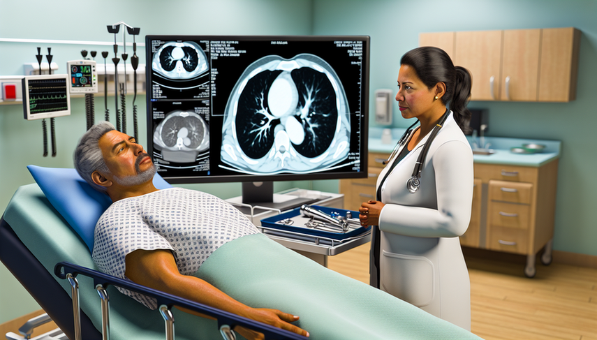 Image of a modern hospital setting where a middle-aged Hispanic patient is in a bed while a Hispanic doctor explains the results of a chest CT scan on a screen, displaying cross-sections of the lungs. In the background, a nurse prepares a tray for bronchoscopy. The scene reflects a collaborative approach to lung cancer diagnosis and TNM staging.