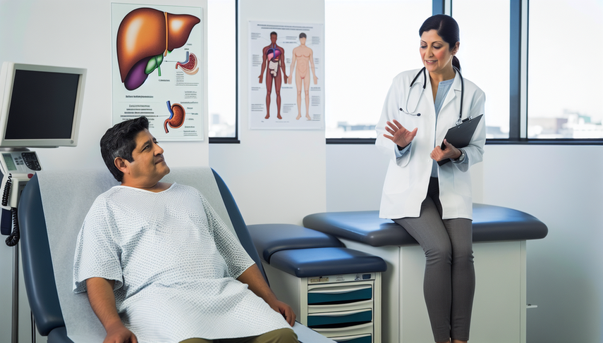 A middle-aged Hispanic patient sits at an examination table, attentively listening to a Hispanic doctor explaining the diagnosis of liver cirrhosis. She points to a diagram on the wall illustrating a healthy liver versus one affected by cirrhosis. The modern, well-equipped medical consultation room emphasizes the importance of doctor-patient communication in clinical diagnosis, particularly in the context of ultrasound and elastography for assessing hepatic encephalopathy and ascites.