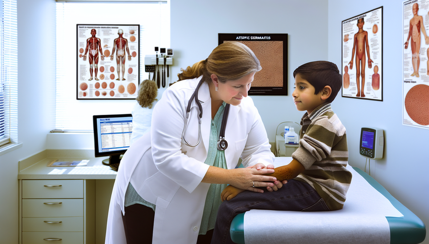 A Hispanic pediatrician in a modern medical office gently examines the arm of a 5-year-old Hispanic boy showing mild signs of atopic dermatitis. The child is calm and watches the doctor. In the background, medical posters and a computer displaying allergy test results are visible. This image emphasizes the care and professionalism involved in the diagnosis of atopic dermatitis, highlighting the importance of family history and allergy tests in managing eczema and dry skin.