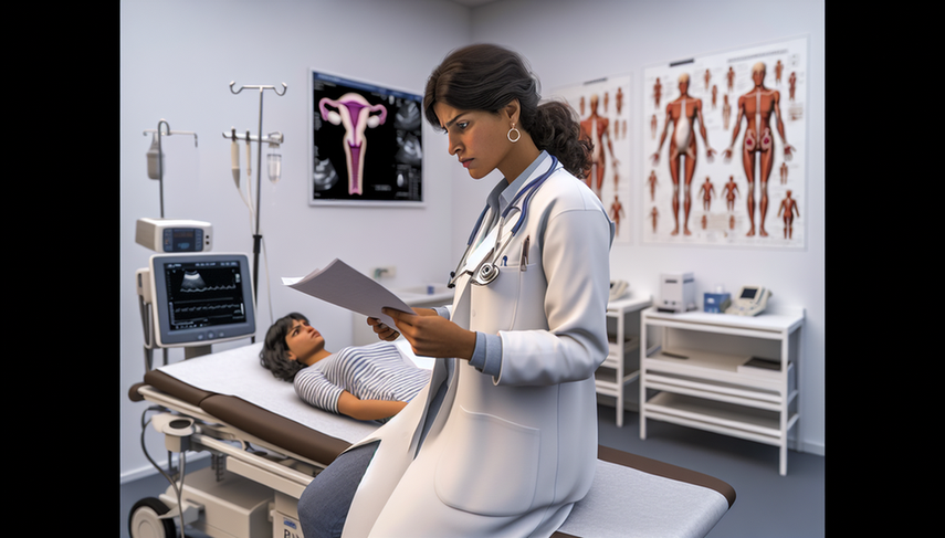 Una doctora hispana revisa atentamente el historial médico de una paciente en una sala de examen moderna de un hospital español. La paciente, una joven hispana, está sentada en la camilla, mostrando una expresión de preocupación. El entorno profesional y bien iluminado incluye equipo médico y gráficos anatómicos, subrayando la importancia del diagnóstico preciso de la endometriosis.