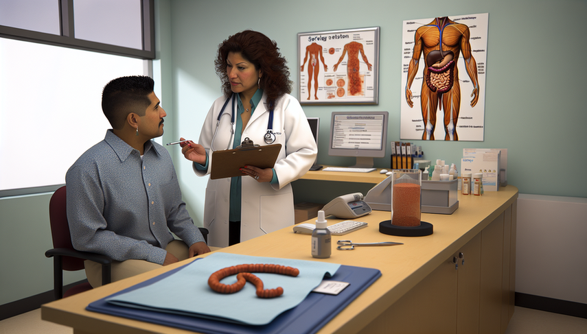 Medical consultation in a well-lit room, where a Hispanic female doctor in her 40s, wearing a white coat and stethoscope, explains celiac disease diagnosis to a Hispanic male patient in his 30s. The doctor holds a clipboard with medical graphs related to celiac disease, while the desk features medical tools, a model of the digestive system, and a computer screen displaying serological test results, including anti-tissue transglutaminase antibodies. A poster on the wall illustrates the small intestine, highlighting areas affected by malabsorption due to celiac disease.