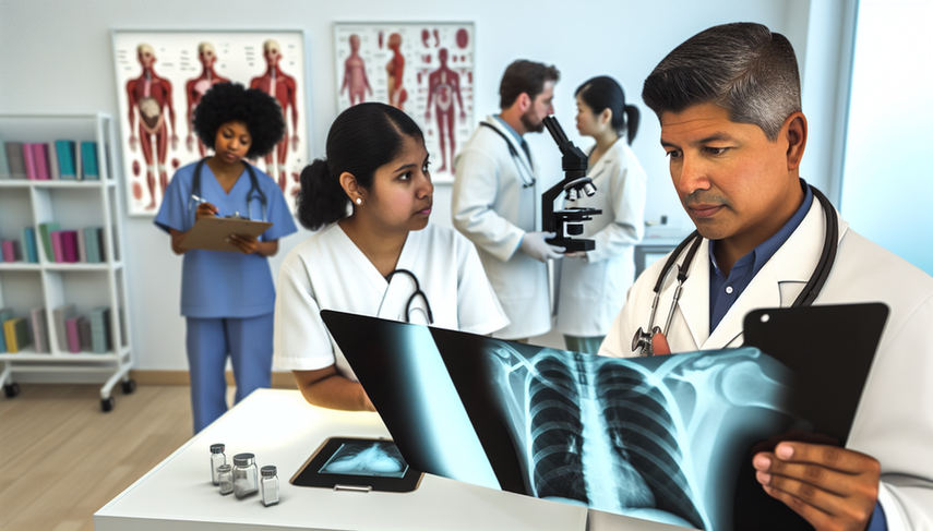 Un grupo diverso de profesionales de la salud en un entorno médico moderno. En primer plano, un médico hispano de unos 40 años examina atentamente una radiografía de tórax en un negatoscopio, mientras una enfermera de ascendencia africana toma notas en un portapapeles. Al fondo, una joven doctora asiática observa a través de un microscopio. La imagen transmite profesionalismo y trabajo en equipo, ideal para ilustrar un artículo sobre el diagnóstico de enfermedades neumocócicas como la neumonía, meningitis y otitis causadas por Streptococcus pneumoniae.