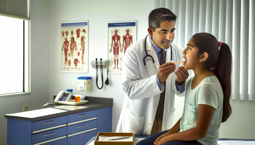 Un médico hispano de unos 40 años examina la garganta de una adolescente hispana en una sala de examen médico. Utiliza un depresor lingual y una linterna para observar la boca de la paciente. En el fondo, hay carteles médicos sobre la anatomía de la garganta y un estante con suministros médicos, incluyendo una caja de 'Test Rápido de Estreptococo'. La escena transmite un ambiente profesional y de confianza.