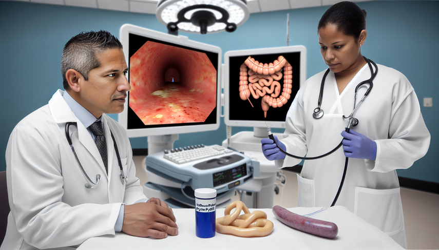 A Hispanic doctor in his 40s, wearing a white coat and stethoscope, intently examines a computer screen displaying endoscopic images of the stomach, highlighting gastric inflammation. Next to him, a Hispanic nurse holds a sample container for the urease test to detect Helicobacter pylori. The setting is a modern, organized endoscopy room, reflecting a professional environment focused on gastritis diagnosis.