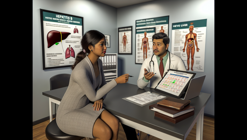 A Hispanic doctor in his 40s explains hepatitis B serology results, including HBsAg and anti-HBc markers, to a Hispanic patient in her 30s. The doctor points to a chart illustrating hepatitis B transmission and liver damage, while the patient listens attentively. The consultation room features medical documents, a liver model, and a computer displaying digital graphs related to IgM vs IgG antibodies. The walls are adorned with medical posters on liver health.