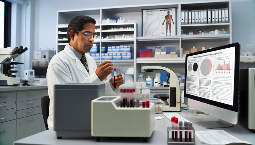Image of a modern medical laboratory featuring a Hispanic doctor in his 40s, wearing a white coat, analyzing a blood sample. The lab table is equipped with tools such as a centrifuge and pipettes. A computer screen displays a graph related to viral load and genotyping. In the background, shelves stocked with medical supplies and a poster of the hepatitis C virus are visible. This image captures a professional and precise environment for hepatitis C diagnosis, emphasizing the importance of anti-HCV testing, HCV RNA quantification, and the parenteral route in clinical practice.