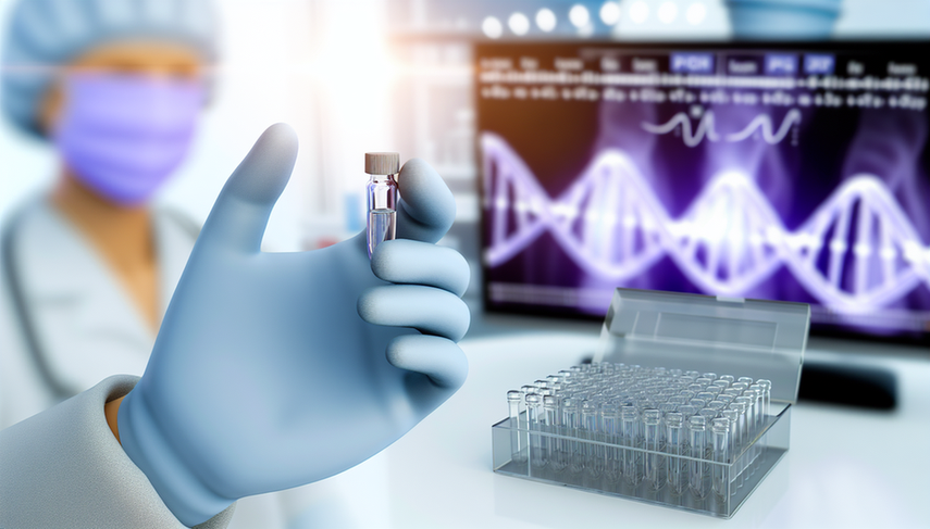 Gloved hand holding a transparent vial with a PCR sample in a laboratory, symbolizing the modern diagnosis of genital herpes, including herpetic lesions caused by HSV-2 and the importance of viral culture in understanding sexual transmission.