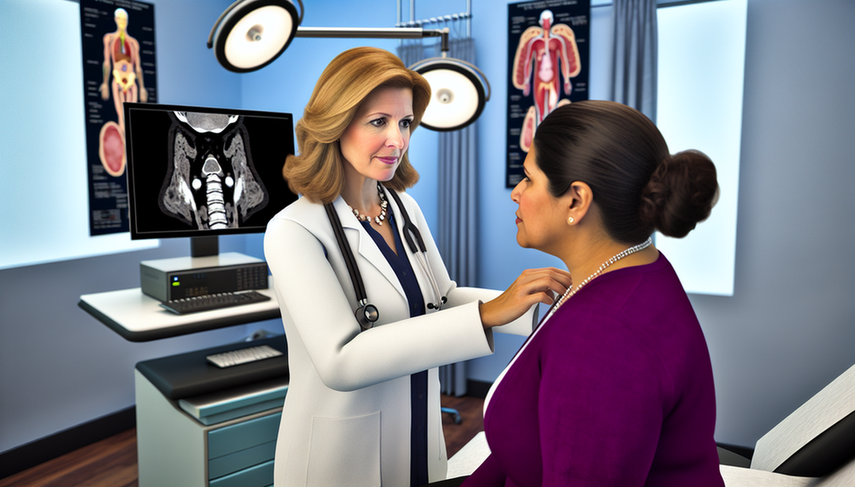 Hispanic female doctor in her 40s examining the thyroid gland of a Hispanic female patient in her 30s at a modern clinic. In the background, a computer screen displays a thyroid scan showing areas of high uptake, suggesting hyperthyroidism diagnosis with suppressed TSH and elevated T3 and T4 levels. The image reflects a professional and caring environment.