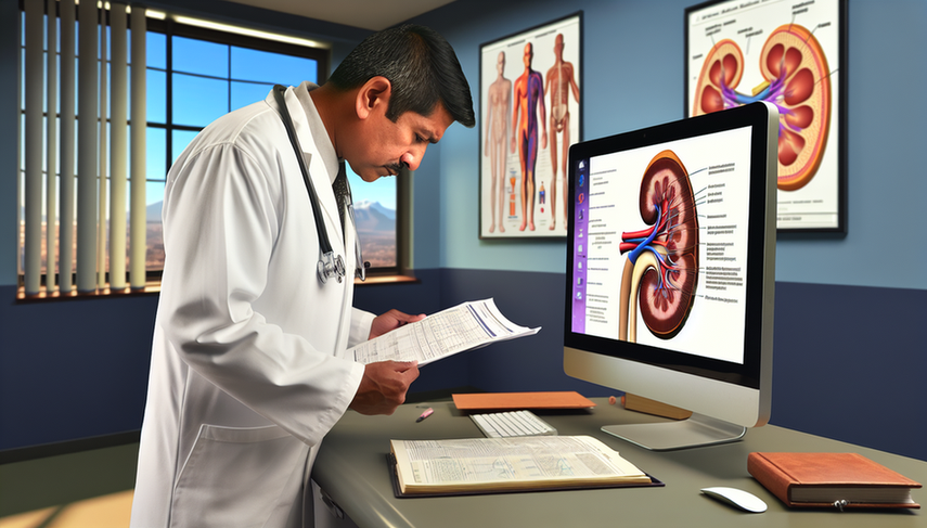 A Hispanic physician in his 40s, wearing a white coat and stethoscope, carefully examines a renal function test graph in a modern medical office. In the background, a computer screen displays a detailed diagram of the human kidneys, relevant to chronic kidney disease (CKD) diagnosis. The environment reflects professionalism and expertise in diagnosing CKD stages, glomerular filtration, creatinine levels, and proteinuria.