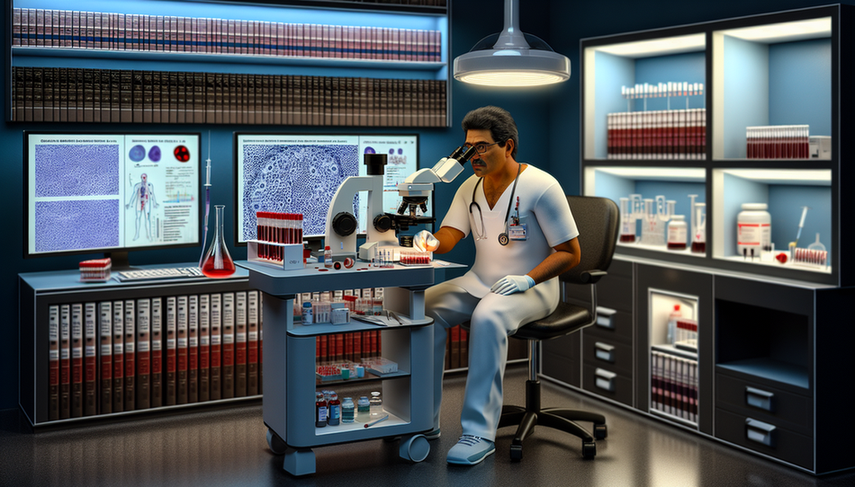 Image of a Hispanic physician in his 40s, wearing a white coat and glasses, examining a blood sample under a microscope in a modern laboratory. On the table are medical tools, a complete blood count report, and a karyotype chart. In the background, shelves filled with medical books and a computer displaying cytogenetic analysis. The image highlights a professional environment focused on leukemia diagnosis, including peripheral blood blasts and leukocytosis assessment through bone marrow aspiration.