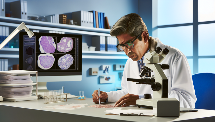 Hispanic pathologist in his 40s, wearing a white coat and glasses, examines a lymph node biopsy sample under a microscope in a modern medical laboratory. In the background, shelves filled with medical books and a computer displaying histological images of lymphomas emphasize the importance of accurate lymphoma diagnosis, including distinctions between Hodgkin lymphoma and non-Hodgkin lymphoma, as well as the role of PET scans in evaluating lymphadenopathy.