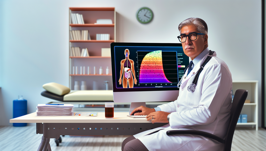 A middle-aged Hispanic physician in a modern examination room closely examines a computer screen displaying a pH levels graph related to esophageal pH monitoring. On the desk, there are medical books and a model of the human digestive system, highlighting the esophagus and stomach, in a professional and calm environment, emphasizing the importance of gastroesophageal reflux diagnosis and management of heartburn.