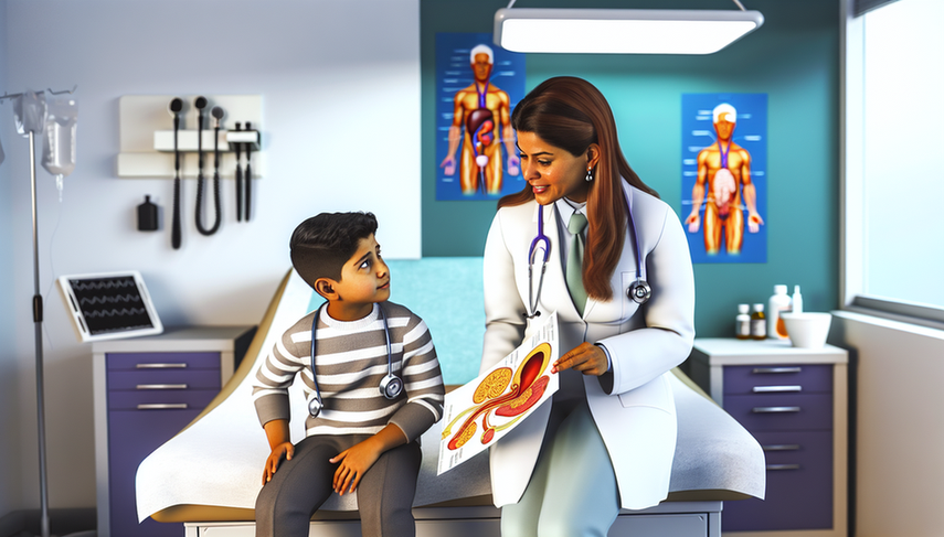Hispanic pediatrician consulting with a child, explaining the urinary system using a diagram. In the background, an anatomical poster of the urinary system. The setting is a modern pediatric examination room, emphasizing the importance of pediatric evaluation in diagnosing vesicoureteral reflux and recurrent UTIs through voiding cystourethrography.
