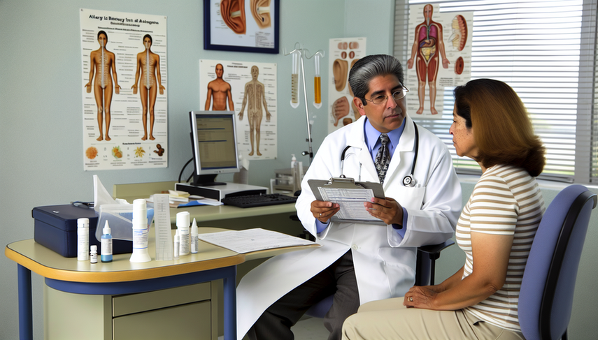 A Hispanic physician in a white coat explains the results of an allergic rhinitis diagnosis to a Hispanic patient, displaying a detailed chart of allergens and sensitivity levels. Allergy testing tools, including a respiratory prick test kit, are on the table. In the background, a poster in Spanish illustrates the anatomy of the nasal cavities and paranasal sinuses, highlighting the connection to sneezing symptoms and nasal hyperreactivity.
