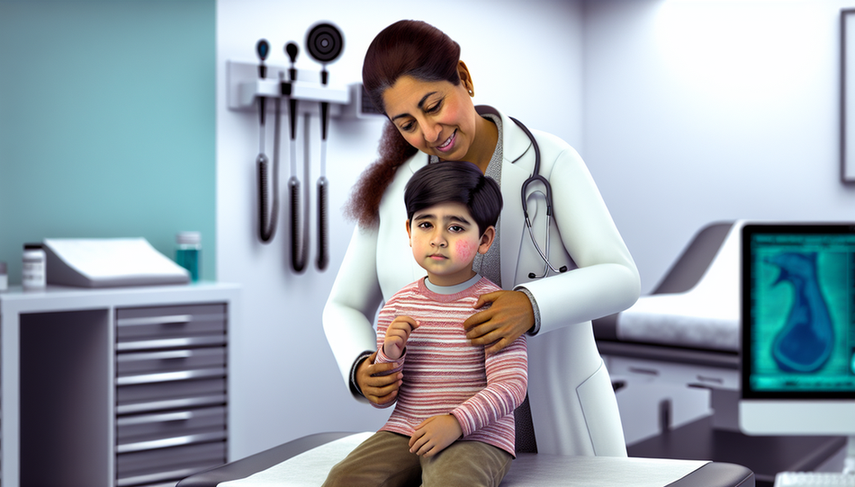 Hispanic 5-year-old boy with characteristic pink rash of rubella on arms and face, sitting on a medical examination table. A Hispanic doctor carefully examines the occipital area of the child for retroauricular lymphadenopathy, highlighting the importance of rubella diagnosis in pregnant women to prevent congenital infection. The setting is a typical medical office with standard equipment.