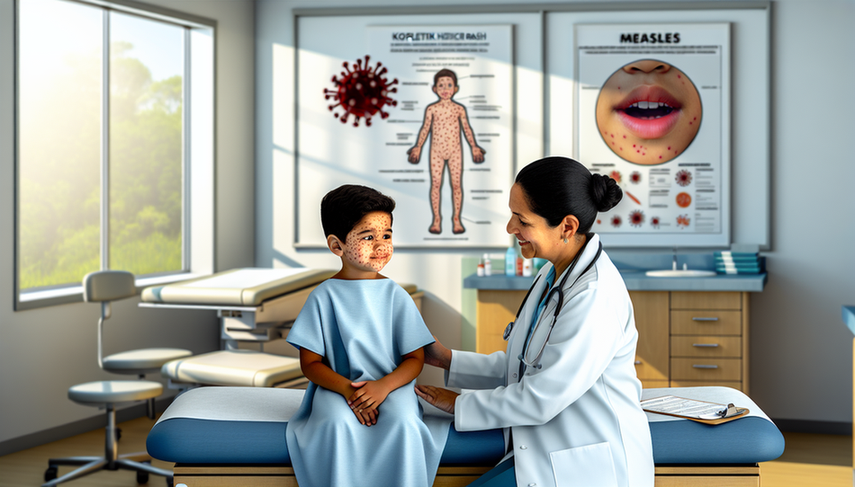 Five-year-old Hispanic boy with measles, displaying a maculopapular rash on his face and arms, seated on an examination table. A Hispanic pediatrician examines the child, with a diagram of Koplik spots visible on a nearby medical chart. In the background, a poster illustrates the measles virus, highlighting key aspects for measles diagnosis and rubella differentiation, including anti-measles IgM testing.
