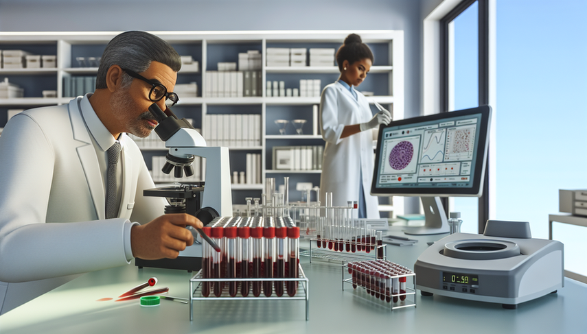 Image of a modern medical laboratory where a Hispanic doctor in his 40s examines a blood sample under a microscope, with syphilis test graphs including VDRL, RPR, and FTA-ABS displayed on a nearby computer. In the background, a Hispanic laboratory technician in her 30s uses a pipette. The image reflects a professional environment focused on the accurate diagnosis of syphilis and its clinical stages, including the identification of chancre.