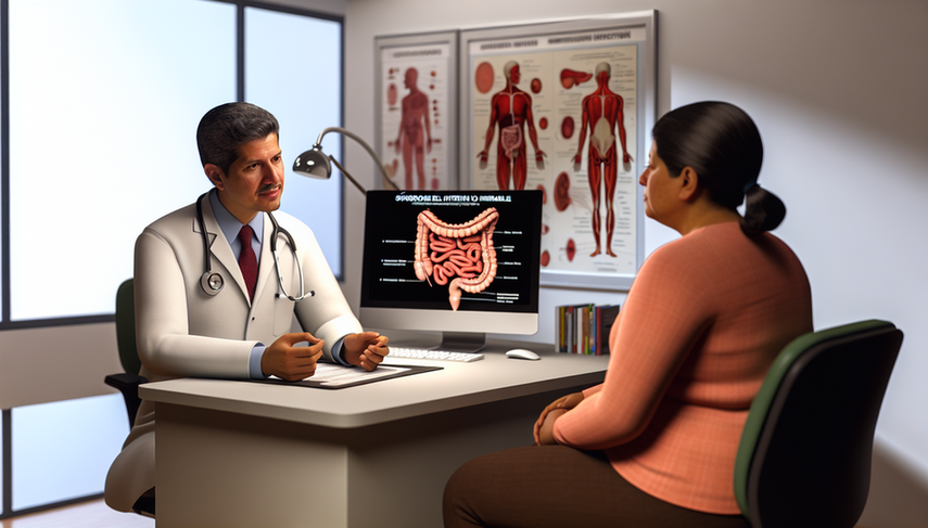 Medical consultation between a middle-aged Hispanic doctor and a Hispanic patient, focused on the IBS diagnosis using Rome IV criteria. The doctor, wearing a white coat and stethoscope, explains the Rome IV criteria while the patient holds a brochure about IBS. On the computer screen, a diagram of the digestive system is displayed, highlighting the intestines. The setting is a well-organized medical office, with anatomical charts and medical books visible, emphasizing the importance of exclusion colonoscopy in chronic abdominal pain assessment.