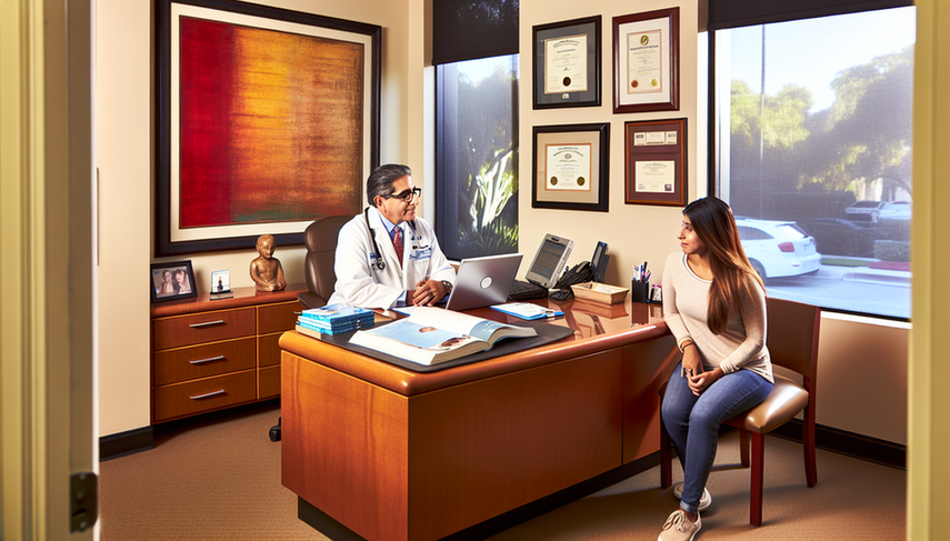 Well-lit medical office featuring a middle-aged Hispanic doctor in a white coat reviewing a clipboard. In front of him, a young Hispanic woman listens attentively. The desk is adorned with open medical books and a laptop displaying a chart, indicating a thorough assessment. The professional and calm environment is perfect for discussing bipolar disorder diagnosis, including psychiatric anamnesis and the nuances of mania vs hypomania, as well as relevant assessment tests.