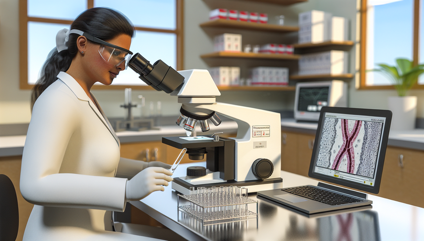 Doctora hispana en laboratorio examinando una muestra de Trichomonas vaginalis bajo un microscopio moderno, con equipo de pruebas moleculares y datos de secuenciación de ADN en un portátil cercano, reflejando un entorno profesional de investigación científica.
