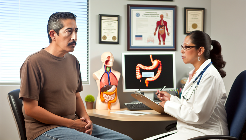 A middle-aged Hispanic patient with a concerned expression listens attentively to a Hispanic doctor in her office. The doctor, dressed in a white coat, holds a clipboard while explaining the gastric ulcer diagnosis. On the desk, there are anatomical models of the digestive system and a computer displaying a diagram of the stomach with highlighted areas indicating ulcers. The image emphasizes the communication between physician and patient in the context of gastric ulcer diagnosis, including considerations of H. pylori, NSAID use, and epigastric pain.