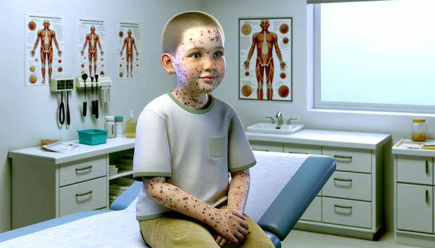 Niño hispano de 6 años en una mesa de examen médico, mostrando lesiones vesiculosas características de la varicela en la cara, brazos y torso. El entorno es una consulta médica con iluminación clínica, destacando las lesiones cutáneas.
