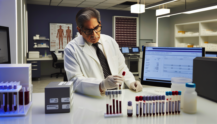 Fotografía de un laboratorio médico moderno. Un doctor hispano de unos 40 años, con bata blanca y gafas, examina un tubo de ensayo con una muestra de sangre. En la mesa hay kits de prueba etiquetados para ELISA y Western Blot, y una computadora muestra un gráfico de carga viral. Al fondo, estantes con equipo de laboratorio y un póster sobre el ciclo de vida del VIH. Ambiente profesional y enfocado en el diagnóstico preciso del VIH/SIDA.