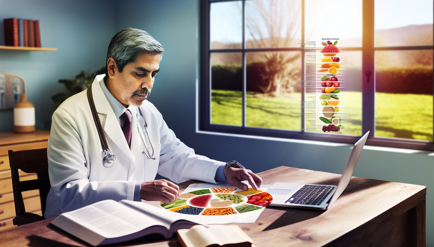 Doctor hispano de mediana edad con bata blanca y estetoscopio, revisando un gráfico colorido de alimentos saludables en su oficina. En el escritorio hay libros médicos abiertos y una laptop con un gráfico de niveles de azúcar en sangre en descenso. La imagen destaca la importancia de la dieta en el manejo de enfermedades crónicas.