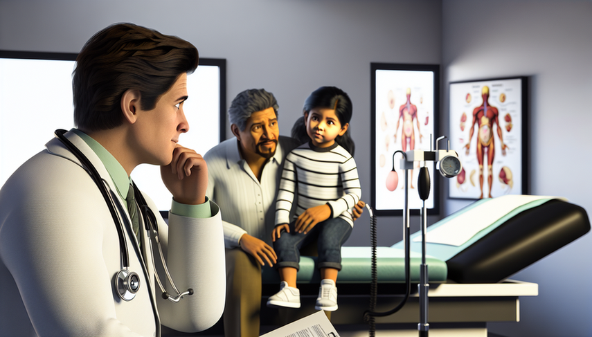 A Hispanic physician in his 40s carefully reviews a medical file in a consultation room, while a Hispanic family, consisting of a mother, father, and child, listens attentively. The scene reflects a professional and warm environment, emphasizing the importance of early diagnosis and differentiation of Niemann-Pick disease from Gaucher disease, particularly in the context of hepatosplenic dysfunction and neurological complications.