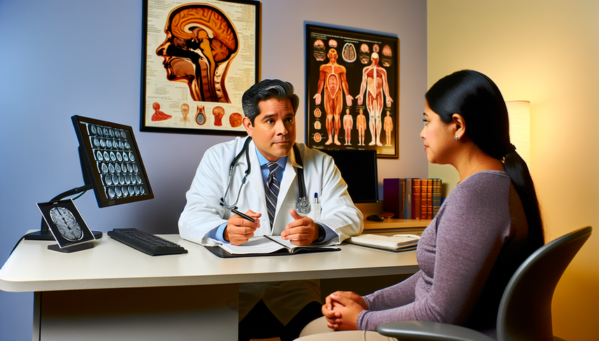 Bright medical office where a middle-aged Hispanic doctor explains a medical chart to a young Hispanic patient. The desk is cluttered with medical books and a computer displaying a brain MRI image. The walls are adorned with anatomical posters of the brain and nervous system. This scene emphasizes the importance of early diagnosis and differentiation in conditions such as Von Hippel-Lindau disease, cerebral hemangioblastomas, pheochromocytoma, and the role of genetic screening in neurofibromatosis.