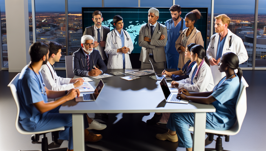Un grupo diverso de profesionales de la salud, incluidos médicos y enfermeras, se reúne en una sala de conferencias de un hospital moderno. Están en una discusión seria sobre el control de epidemias, observando una pantalla digital con un mapa mundial y datos relevantes. La atmósfera es de colaboración y enfoque en la salud pública.