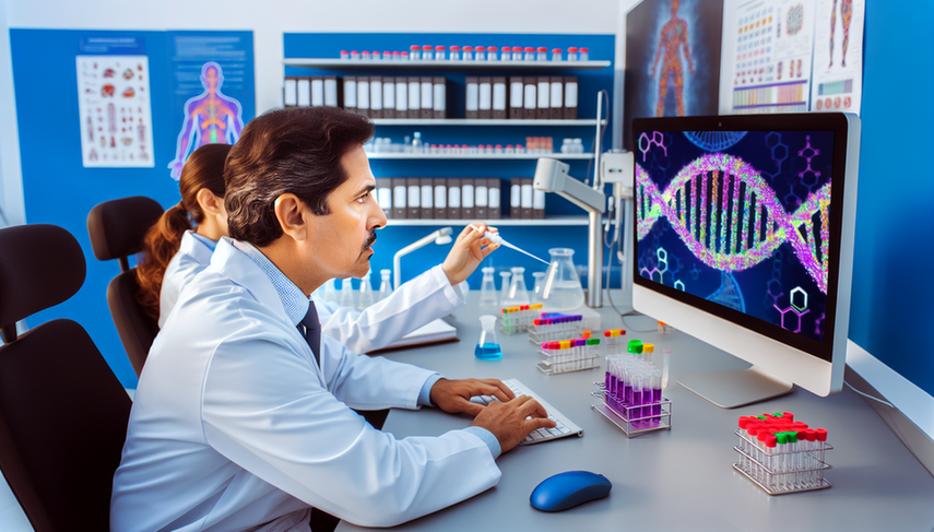 Un médico hispano de unos 40 años, con bata blanca, examina atentamente una secuencia de ADN en una pantalla de computadora en un laboratorio moderno. A su lado, libros de medicina abiertos y viales etiquetados con marcadores genéticos. Al fondo, una científica hispana en sus 30 años utiliza una pipeta con tubos de ensayo. El entorno refleja investigación avanzada en farmacogenética y medicina personalizada.