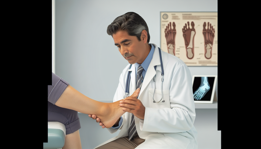 A Hispanic physician in his 40s examines the foot of a Hispanic patient in a modern medical consultation room. The patient is seated on an examination table with her leg extended, while the doctor palpates the heel area, focusing on diagnosing heel pain related to conditions like plantar fasciitis and Achilles tendinitis. In the background, anatomical posters of the foot and a digital tablet displaying an X-ray image of the foot highlight a contemporary clinical environment, emphasizing the importance of podiatry and stretching exercises in treatment.