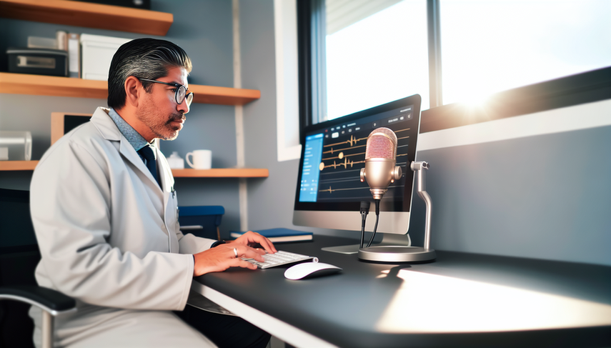 Consultorio médico moderno con un doctor hispano en bata blanca y gafas, concentrado en una pantalla de computadora. En el escritorio hay un micrófono de alta calidad y una laptop con software de reconocimiento de voz. La luz natural ilumina la habitación, que tiene libros médicos y un estetoscopio en un estante, reflejando un entorno profesional y tecnológico para la documentación médica rápida.