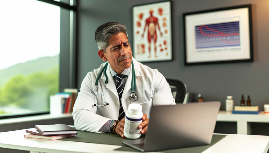 A middle-aged Hispanic doctor in a white coat and stethoscope carefully examines a bottle of ibuprofen on his modern medical office desk. The desk is adorned with medical books and a laptop displaying a pharmacokinetics graph of ibuprofen. The professional environment reflects a meticulous focus on the side effects of ibuprofen, including gastrointestinal reactions, ulcers, and nephrotoxicity.