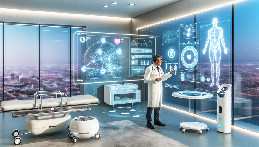 Un médico hispano de unos 40 años interactúa con una pantalla digital transparente que muestra datos médicos y análisis de IA, en una sala de hospital moderna con un toque futurista. Un asistente robótico sostiene una tableta, ayudando al doctor. La escena refleja la integración de la tecnología en la medicina, destacando la innovación y eficiencia de la Medicina 4.0 en un entorno urbano.